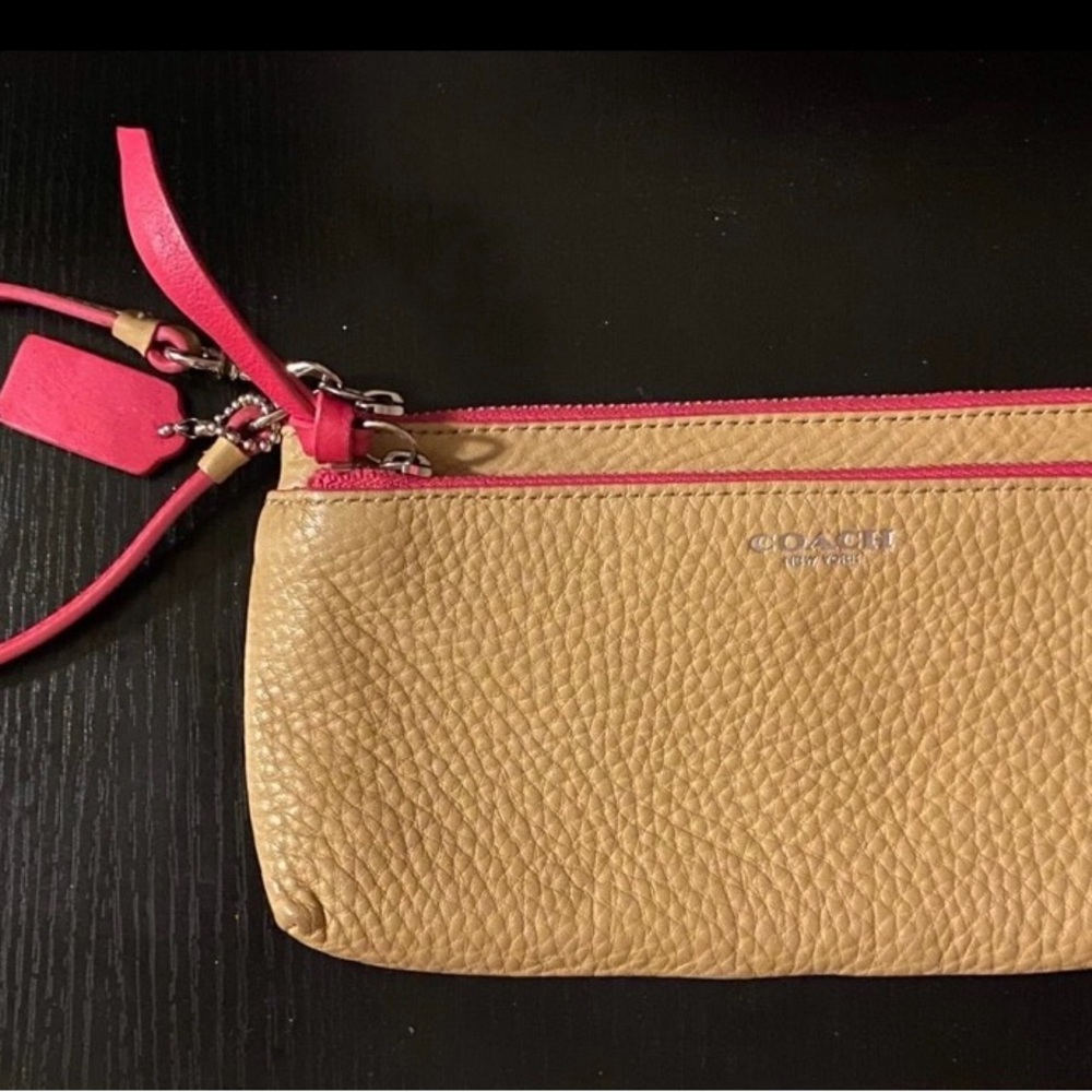 Coach Bleecker Double Tan and Pink Leather Wristlet 51634